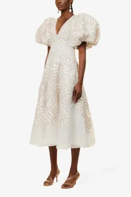 Aje Botanical Applique Puff Sleeve Midi Dress Ivory/Ecru Size UK 10 for rent on The Volte - image 2