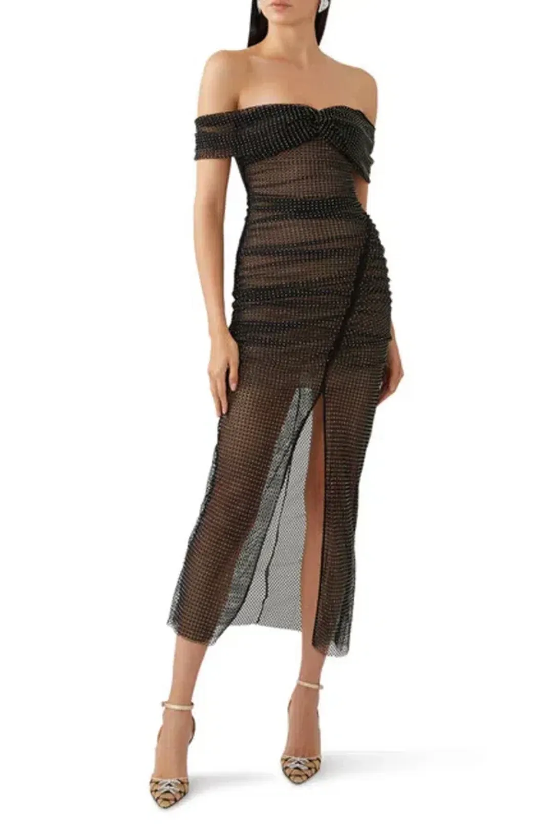 Self-Portrait Fishnet Crystal Off Shoulder Midi Dress Black Size UK 12 for rent on The Volte - main image