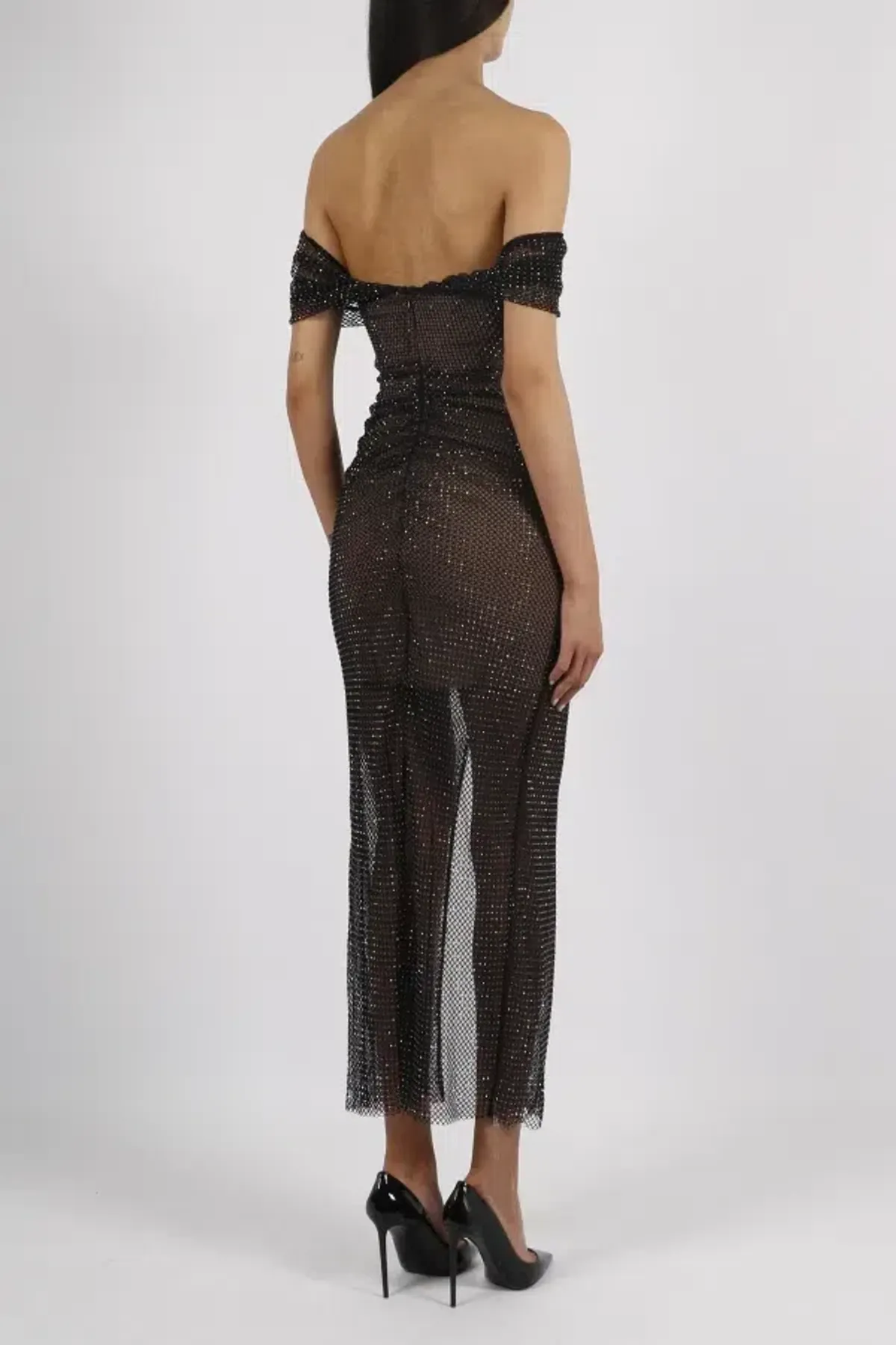 Self-Portrait Fishnet Crystal Off Shoulder Midi Dress Black Size UK 12 - Image 2