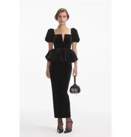 Self Portrait Peplum Velvet Puff Sleeve Dress Black Size UK 10 for rent on The Volte - image 1