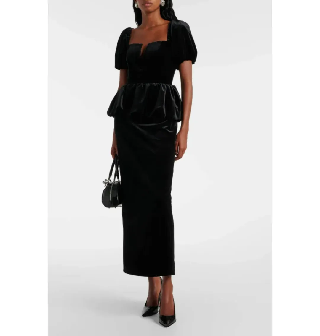 Self Portrait Peplum Velvet Puff Sleeve Dress Black Size UK 10 for rent on The Volte - main image