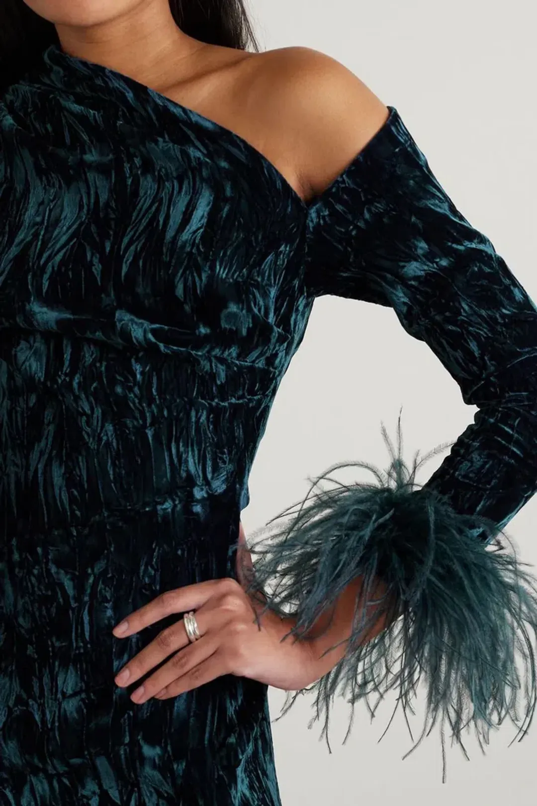 16Arlington Adelaide Velvet Feather Midi Dress Teal Size UK 12 for rent on The Volte - main image