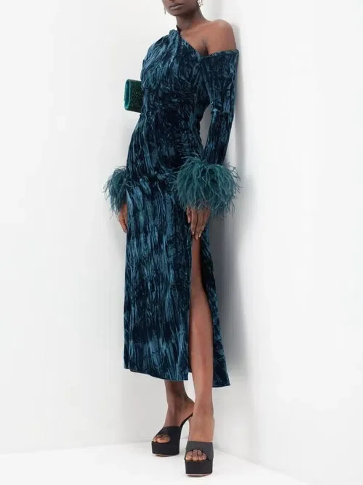 16Arlington Adelaide Velvet Feather Midi Dress Teal Size UK 12 - Image 4