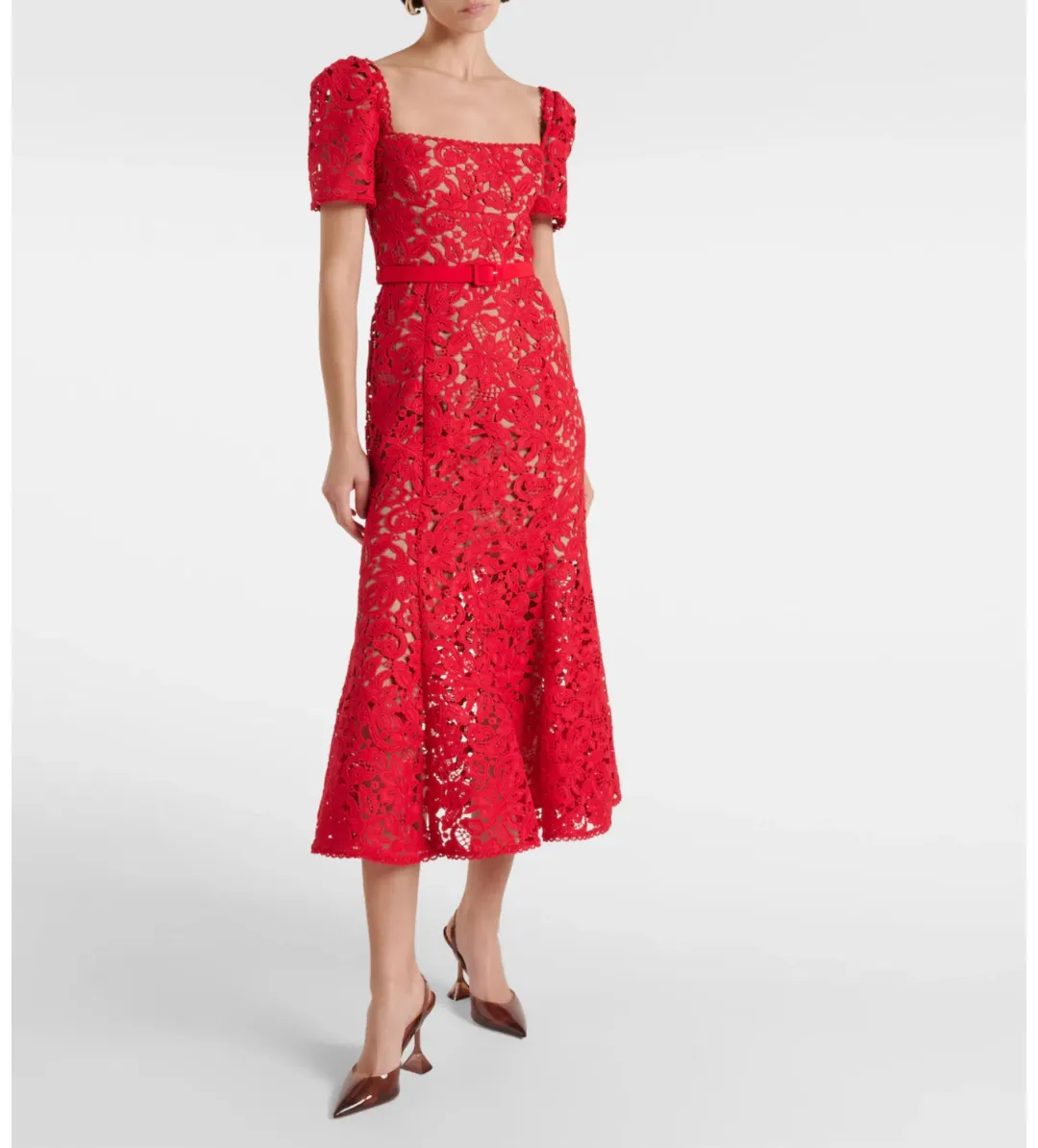 Self-portrait Belted Lace Midi Dress Red Size 8 for rent on The Volte - main image