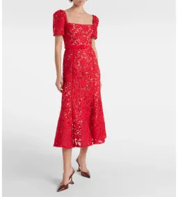 Self-portrait Belted Lace Midi Dress Red Size 8 for rent on The Volte - image 1