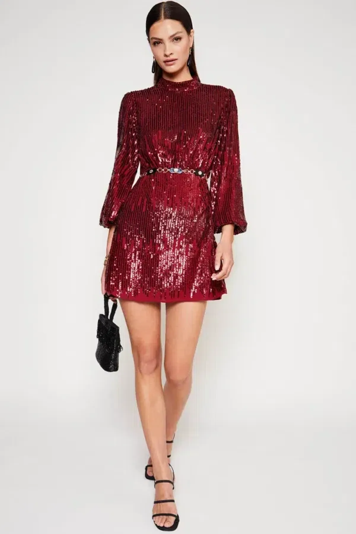 RIXO Samantha Mini Dress Maroon Size UK 12 for rent on The Volte - main image