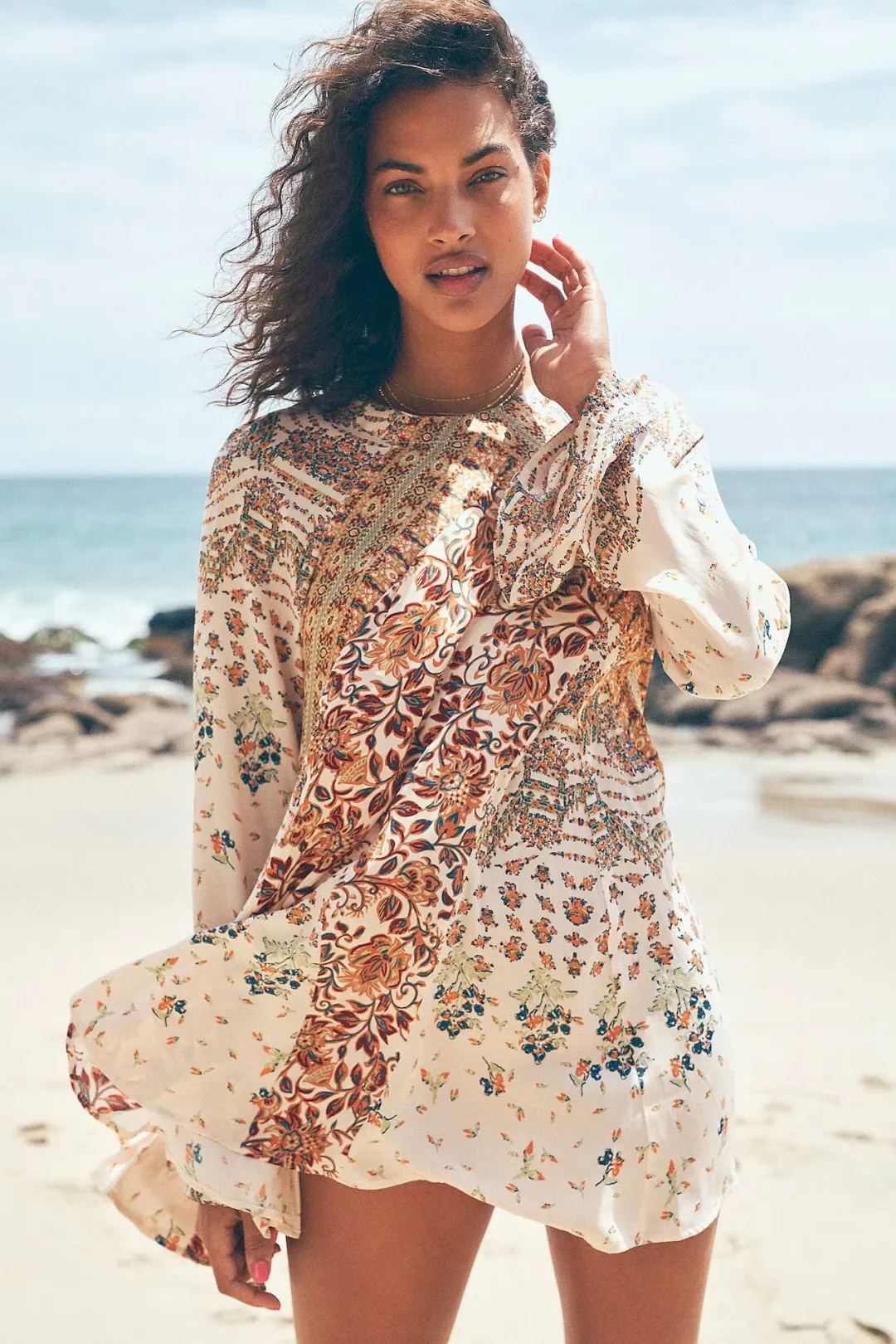 Free People Stevie Printed Tunic Mini Dress Tea Combo Size M / UK 10 for rent on The Volte - main image