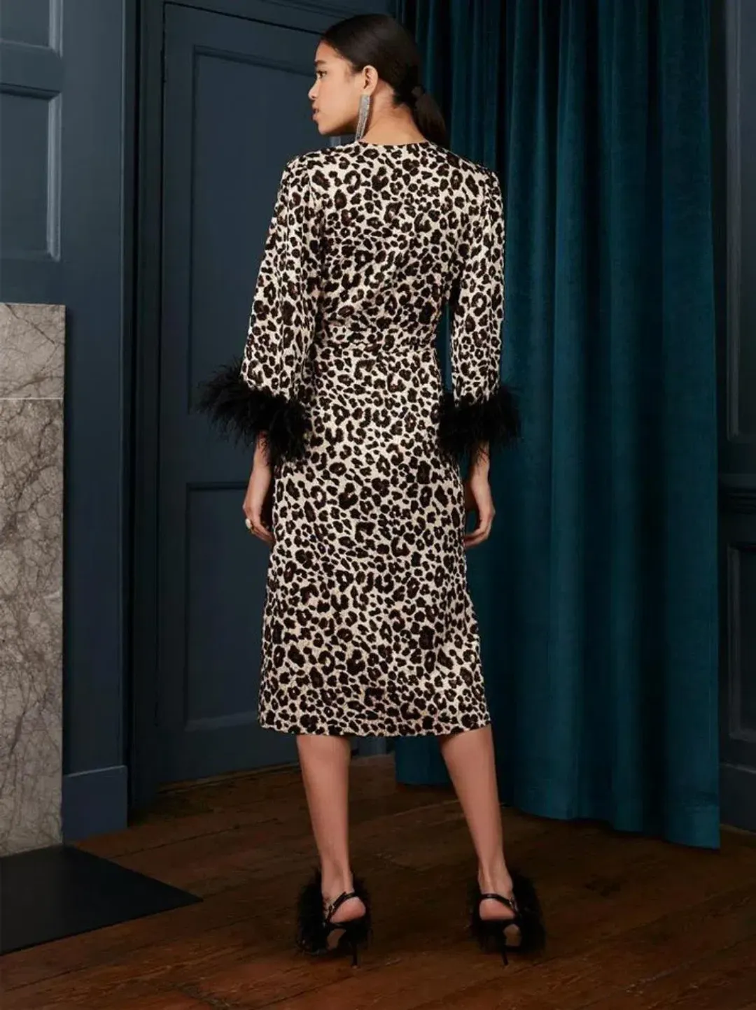 Kitri Aurelie Leopard Feather Wrap Midi Dress Print Size UK 10 for rent on The Volte - main image