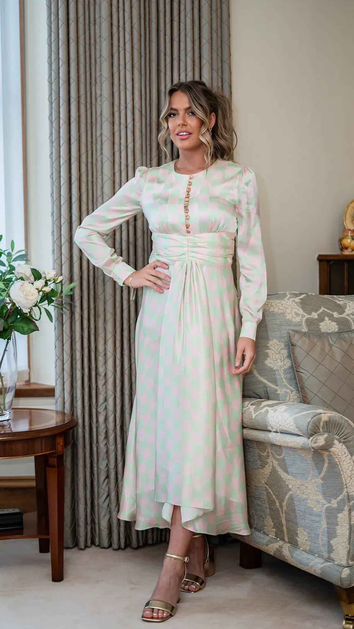 Olivia Rubin Lliana Checked Midi Dress Pink Size UK 8 for rent on The Volte - main image