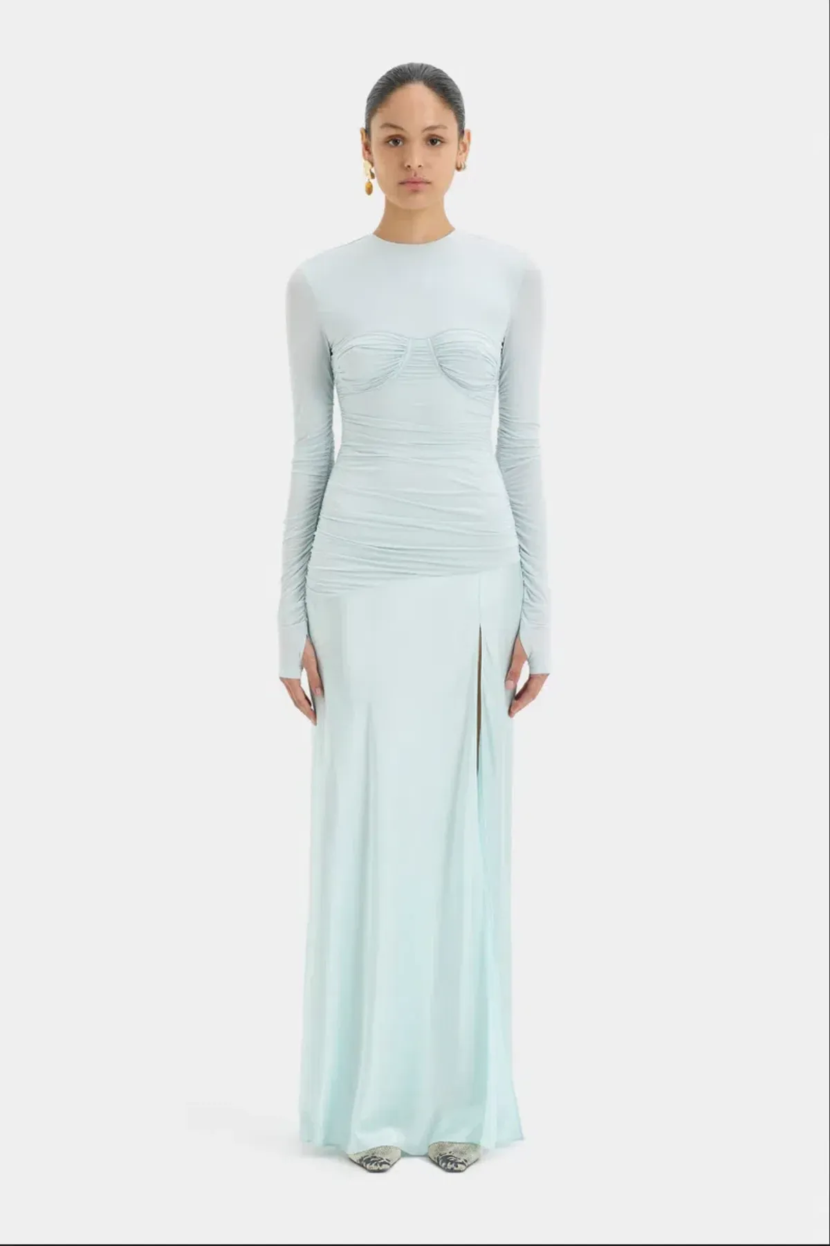 Sir The Label Alessia Ice Blue Silk Satin Jersey Draped Maxi Dress for rent on The Volte - main image
