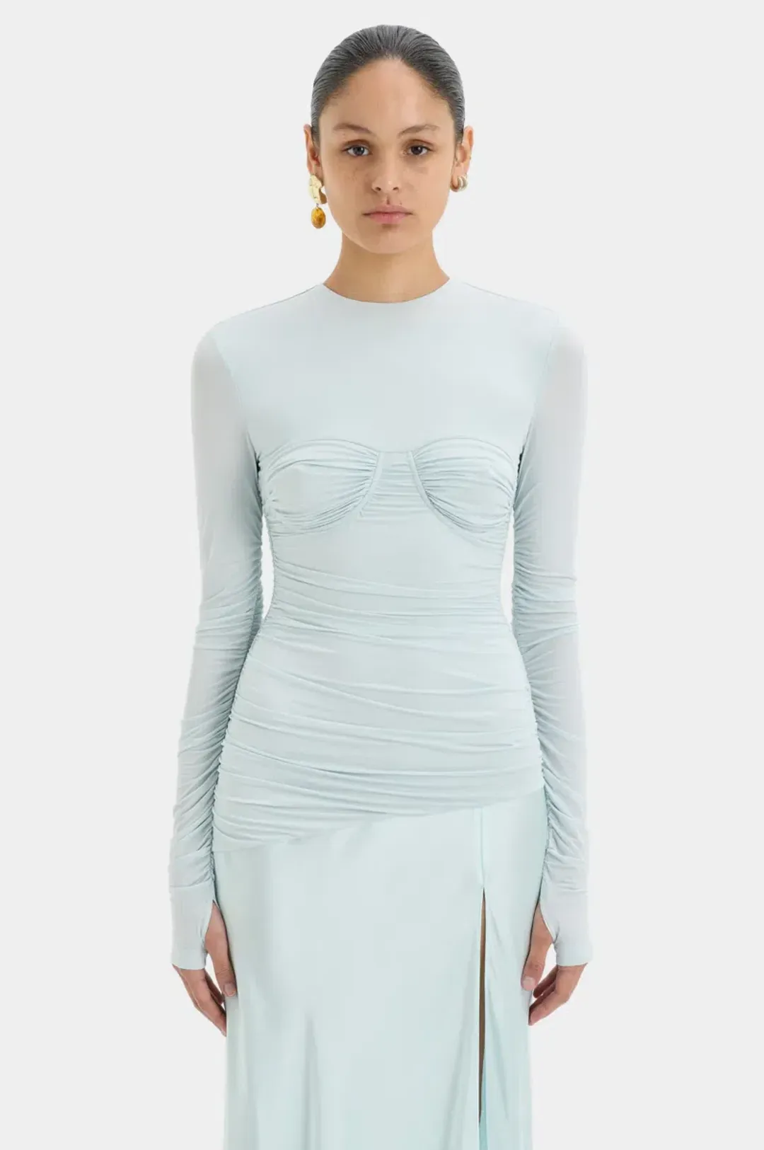 Sir The Label Alessia Ice Blue Silk Satin Jersey Draped Maxi Dress for rent on The Volte - main image